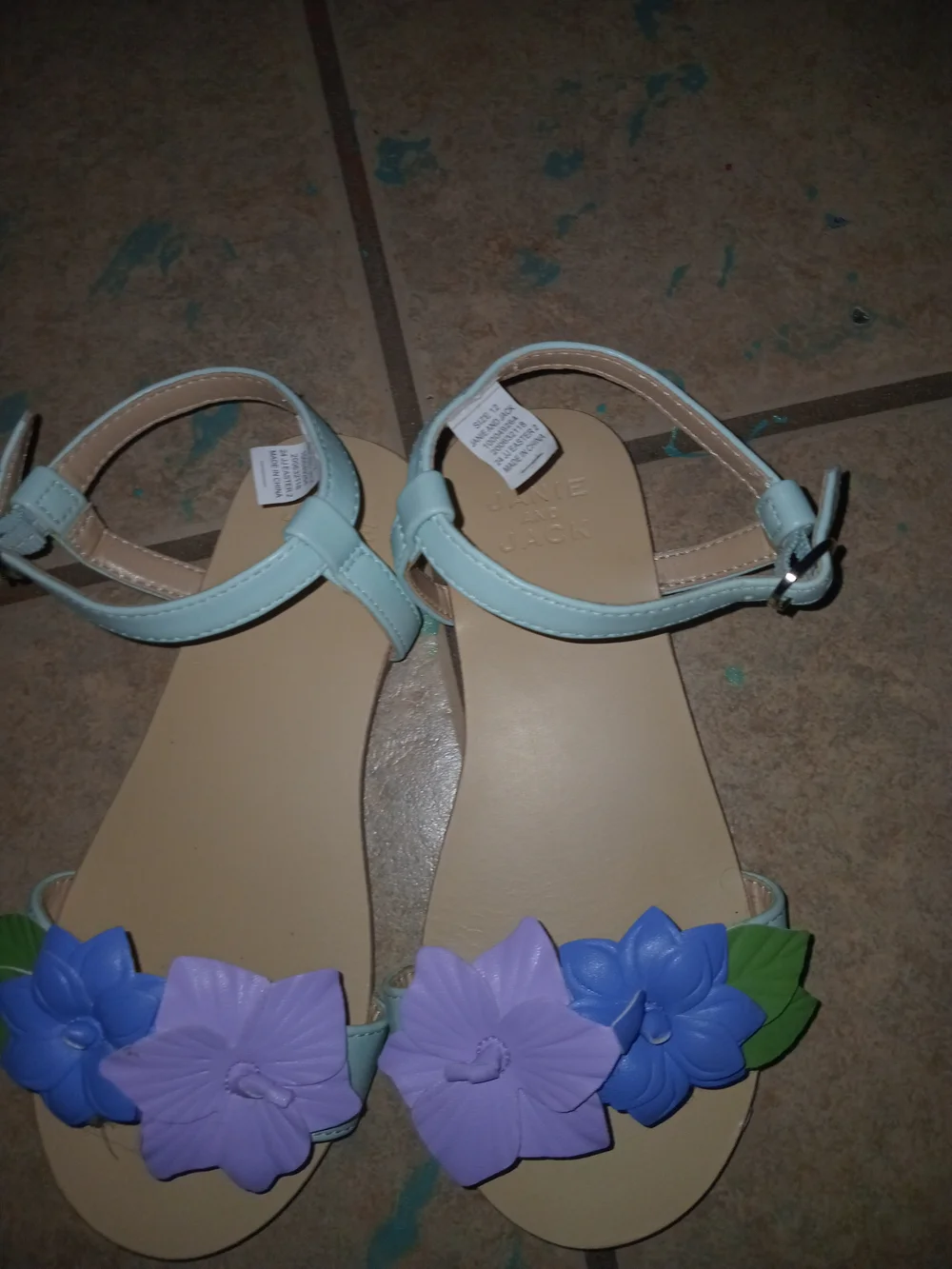 Janie and Jack Mint Girls' Sandals with Purple & Blue Flower Appliqués